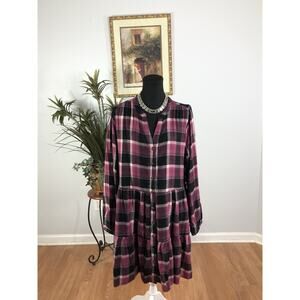 Time & True Women Flounce Tiers Dress XXL Boho Vacation Henley Neck Long Sleeve